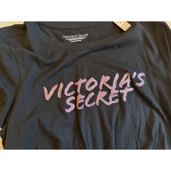 NEW Victoria Secret T-Shirt Top‎ Glitter Graphic Short Sleeve Black Sz Small Y2K - Picture 2 of 7